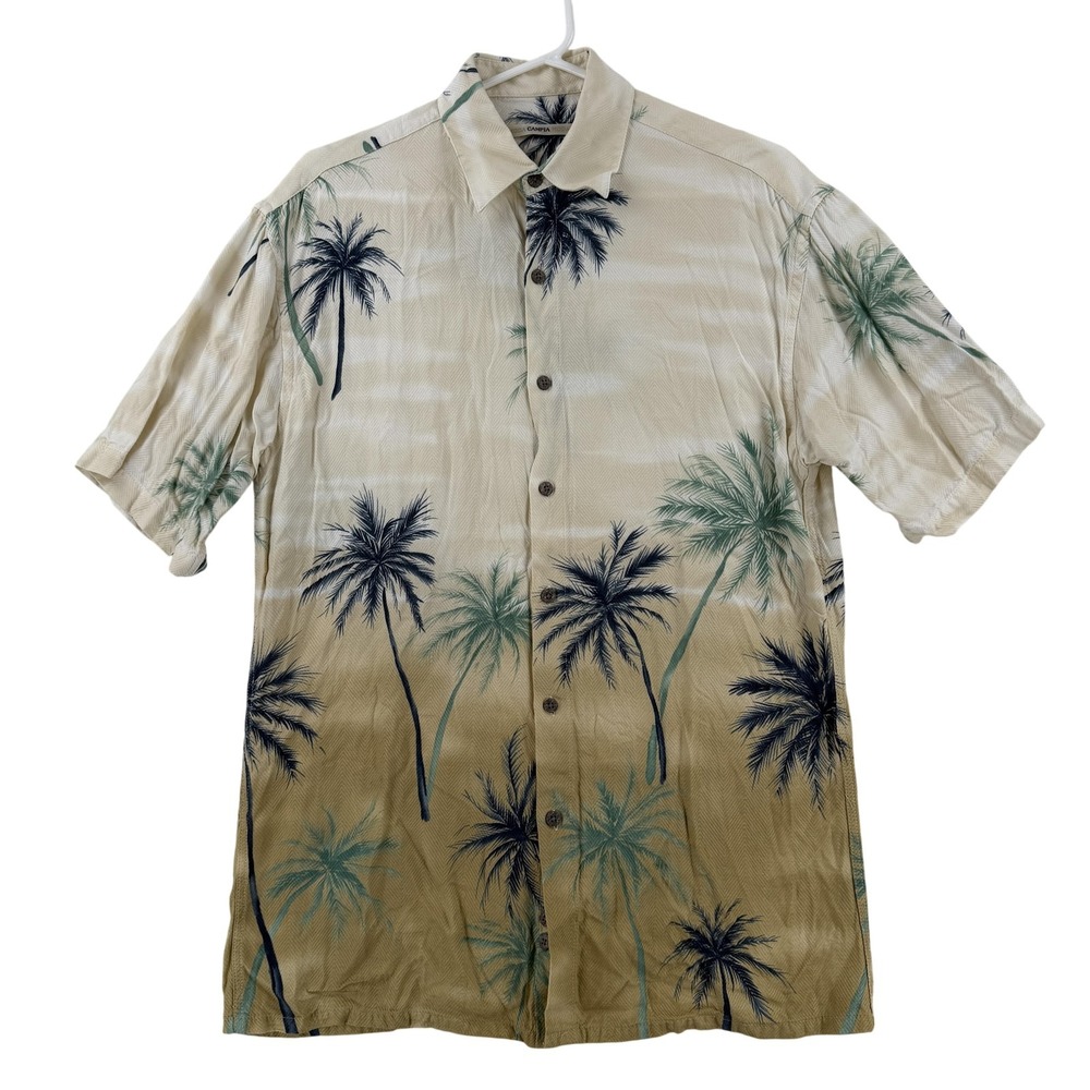 Campia Moda Shirt Mens Medium Beige Palm Tree Hawaiian Short Sleeve Button Up